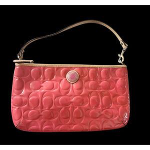 Coach Patent Leather Embossed Clutch Pouchette Wristlet Bag Pink